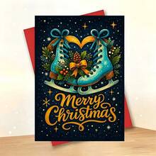 1 Greeting Card + 1 Envelope Elegant Christmas Greeting Card, Ice Skates With Pine Cones Merry Christmas, Suitable For Friends, Winter Holiday Artistic Style Card. - Single Piece - View 5