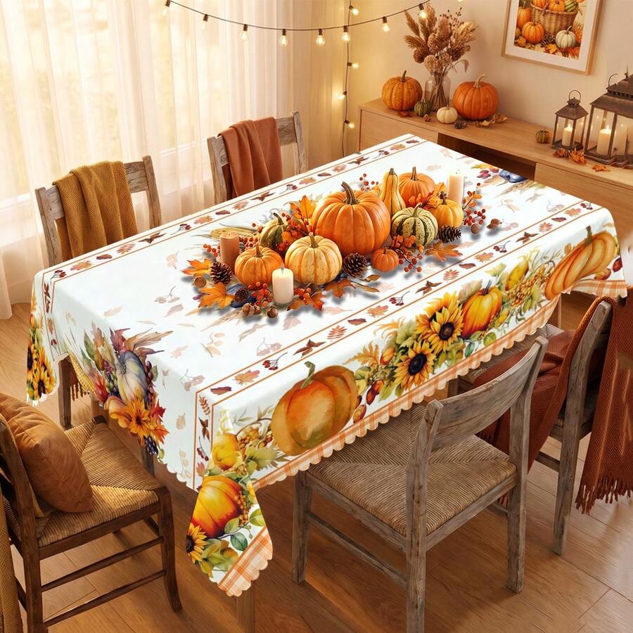 1pc Thanksgiving Autumn Pumpkin Print Rectangular Tablecloth, Suitable For Holiday, Party, Birthday, Dinner, Restaurant Table Decor, Thanksgiving Home Autumn/Winter Decoration - A - View 1