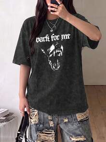 Plus Size Women's Y2K Gothic Vintage Washed Crew Neck T-Shirt, Dog Letter Print Dark Punk Top, Suitable For Commuting, Party, Summer Travel - Black - View 6