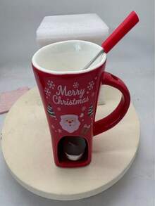 Christmas Ceramic Chocolate Fondue Cup Set With Tea Candle Holder And Forks, Santa Claus Reindeer Tree Pattern Heat-Resistant Hot Chocolate Melting Pot, Holiday Dessert Dipping Bowl For Strawberries Marshmallows, Christmas Party Tableware Gift - Multicolor - View 14