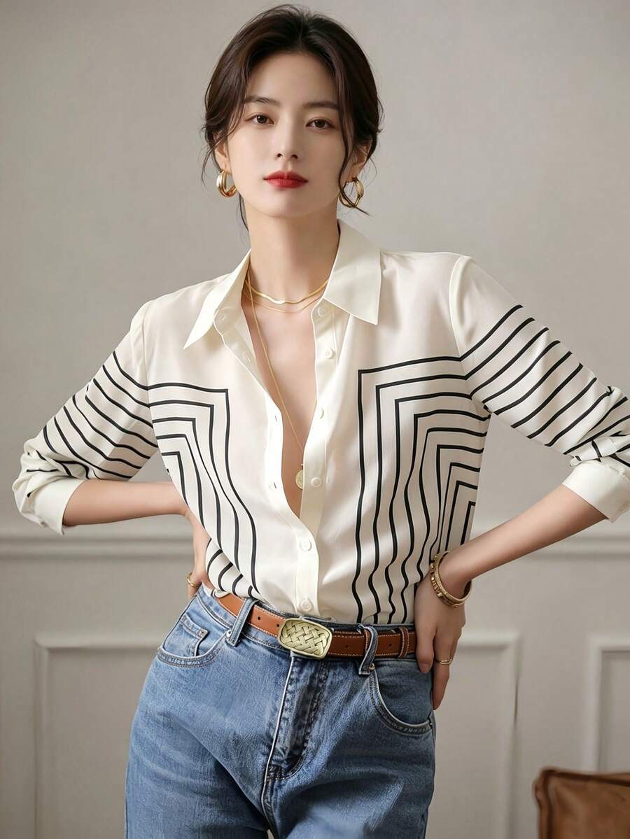 YUXIN Women's Spring/Autumn Geometric Striped Silk Blouse, Long Sleeve Slim Fit Lapel Breathable Fashion, Suitable For Office, Casual Social Occasions