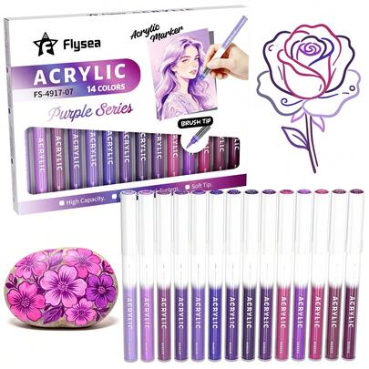 Flysea New Colorful Series 14pcs/Box, Vibrant Macaron Dopamine Gray, Blue, Green, Brown And More Professional Acrylic Marker Pens, New Free Ink System, Multiple Color Combinations Available, Newly Launched, Better Quality, Smoother Writing Experience, Designed For Professional Artists.