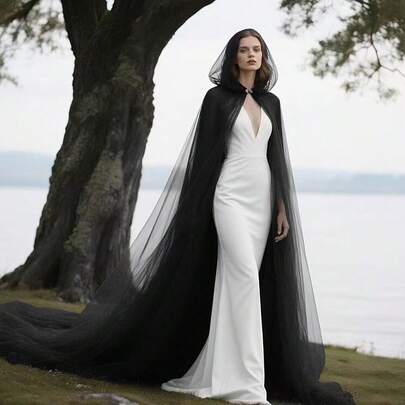 Bride Shawl Long Floor-Length Black White Red Multiple Colors Minimalist Gauze Ethereal Mori Style Photography Costume Hooded Long Cape Halloween Mesh Vintage Solid Color Double Layer Hooded Cape Vampire Halloween Cape Hooded Dragging Tail Mesh Witch Reaper Cloak Cosplay Shawl