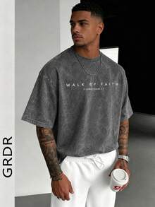 GRDR Men's Letter Print Washed Round Neck Short Sleeve T-Shirt, Comfortable & Breathable For Summer Wear - Dark Grey - View 2