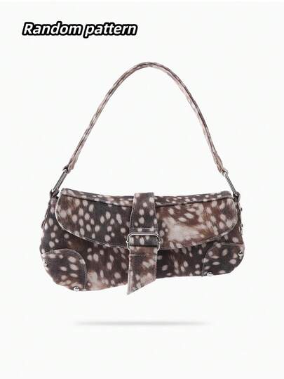 Deer Print Underarm Bag Ladies Y2K Leopard Flower Pattern Hobo Bag Fashion Buckle Single Shoulder Purse For Daily Dating Street Outing