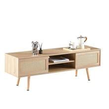 Wicker TV Cabinet With Double Sliding Doors, Storage Space, Adjustable Shelves And Solid Wood Legs. TV Cabinet For The Living Room, Natural Wood Look - H45/W1400/D40 Cm, 140 X 45 X 40 Cm - Multicolor - View 3