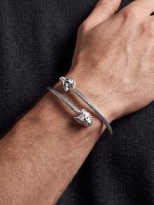 1PC Men Vintage Viking Double Wolf Head Twisted Open Cuff Bangle, Stainless Steel Adjustable Punk Bracelet, Gift For Boyfriend Couple - Szgss040 - View 4