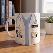 Personalized Doctor White Coat Pattern 11oz Mug, Customizable Name Stethoscope Medical Theme Coffee Cup, Doctor Nurse Physician Gift - White-blue Doctor Style - View 2