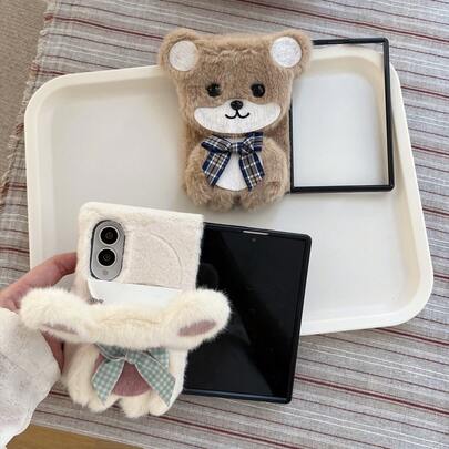 Herbst/Winter 3D Plüsch Schleife Bär & Hase Handyhülle für Galaxy Z Fold3/4/5/6/7/8, süße Cartoon faltbarer Bildschirm Vollschutz Anti-Sturz Schutzhülle