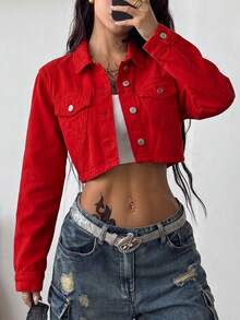 Women's Red Cropped Denim Jacket Vintage Style Long Sleeve Bomber With Collar Casual Fall Outerwear - Red - View 2