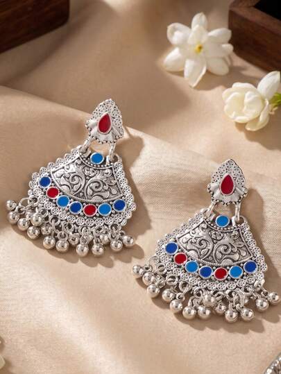 Elegant Bollywood Style Alloy Earrings,Colored Oil Drop Inlaid Earrings With Silver Beads Pendant For Women's Daily Or Party Wear