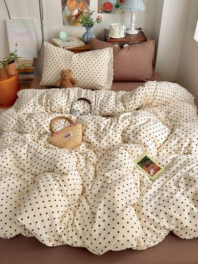 4-Piece Vintage Minimalist Polka Dot Print Bedding Set, Contrast Color Pillowcase Design, Soft And Comfortable All-Season Bedding Set, Includes 1 Duvet Cover, 1 Bed Sheet, 2 Pillowcases, No Filling, Suitable For Dorm, Bedroom Home Use, Multiple Size Options