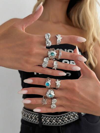 11pcs/Set Y2K Punk Street Style Rhinestone Inlaid, Embossed Lava Wrinkle, Geometric Hammered Pentagram Women's Ring Set, Suitable For Hot Girls' Daily Casual, Nightclub Party, Casual Outfit Scenes