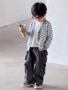 Boys' Vintage Plaid Long Sleeve Knit Cardigan, Loose Fit Versatile Outer Layer Sweater Top - Grey - View 4