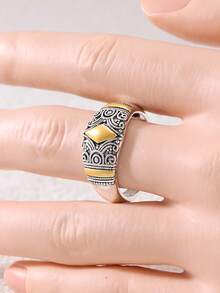Gmzalx Vintage Geometric Textured Wide Band Ring, Spiral Carved Pattern, Bohemian Jewelry, Suitable For Daily Wear, Vacation Travel And Various Parties - Multicolor - View 6