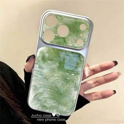 Fashionable Korean Style 17 Pro Max Phone Case Full Coverage Lens Protection Cover 16 13 Women's 15 Premium Niche 14 New Anti-Drop INS Style Green Marble Pattern