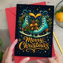 1 Greeting Card + 1 Envelope Elegant Christmas Greeting Card, Ice Skates With Pine Cones Merry Christmas, Suitable For Friends, Winter Holiday Artistic Style Card. - Single Piece - View 1