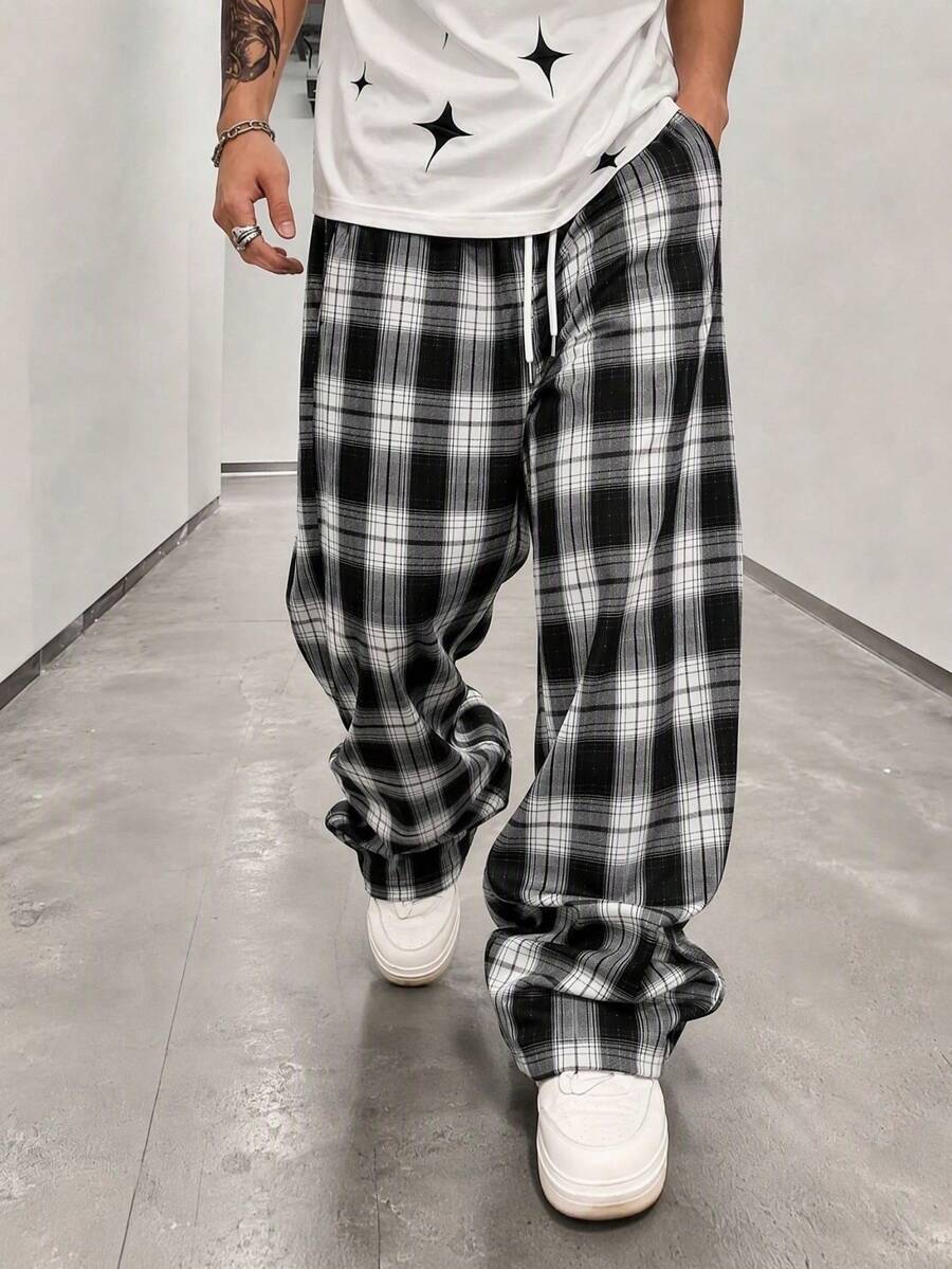 SU ER Men's Summer Casual Elastic Waist Drawstring Loose Drapey Lazy Wide Leg Plaid Curved Hem Long Pants - Black and White - View 1