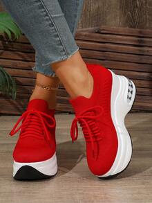 WTKMRSSTEP Spring/Summer New Women's Platform Lace-Up Casual Shoes, Breathable Commuter Versatile Shoes - Red - View 4