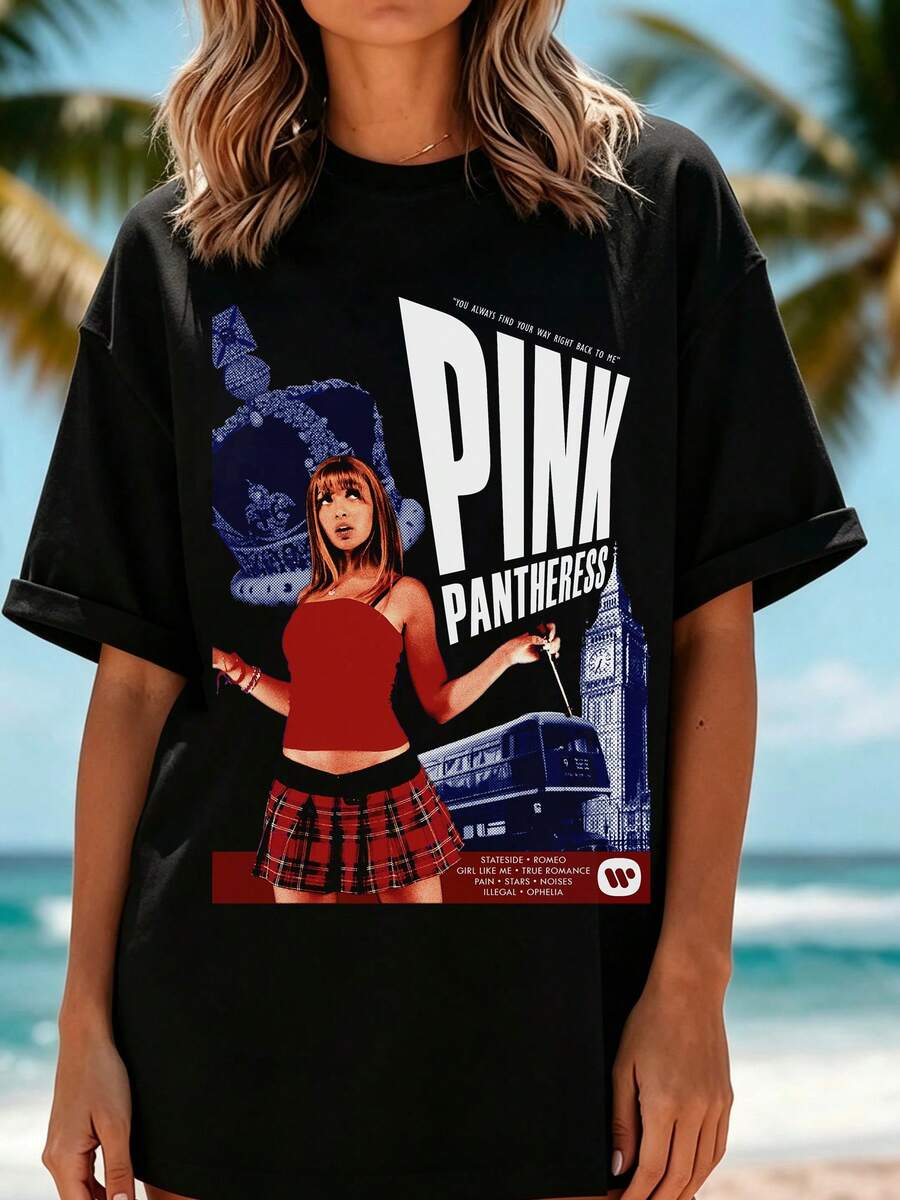 Oversized T-Shirt PinkPantheress Retro Poster Print, Soft Fabric For Concerts, Festivals, And Group Parties - Black - View 1
