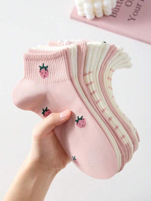 5 Pairs Women's Cute Sweet Breathable Strawberry Cherry Rabbit Pattern Short Invisible Boat Socks Ankle Socks Casual Socks Ins Fashion White Pink Socks Suitable For Spring Summer And All Year Round