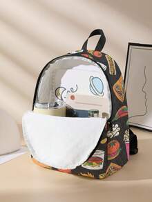 1pc Fries And Hamburgers Pattern Diamond Quilted Kids Backpack, Lightweight Large‑Capacity Zipper Closure Children Rucksack For School Travel Outdoor - Multicolor - View 4