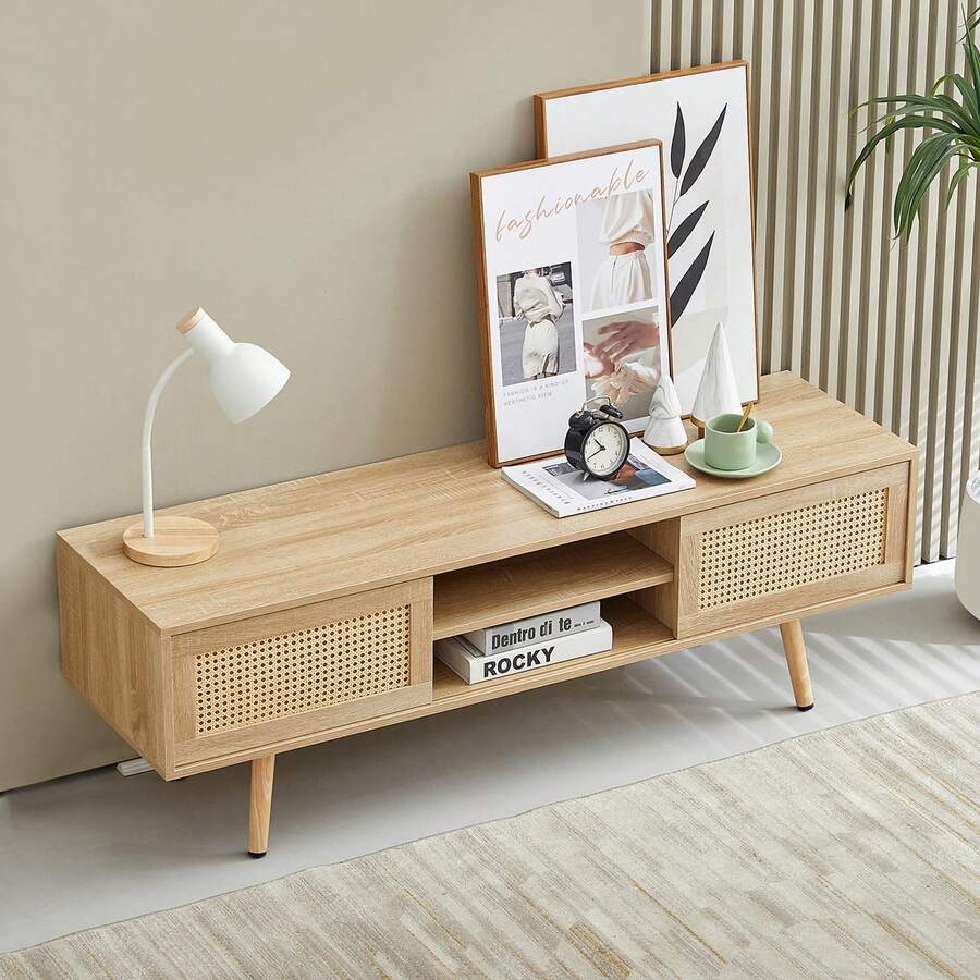 Wicker TV Cabinet With Double Sliding Doors, Storage Space, Adjustable Shelves And Solid Wood Legs. TV Cabinet For The Living Room, Natural Wood Look - H45/W1400/D40 Cm, 140 X 45 X 40 Cm - Multicolor - View 1