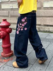Streetwear-jeans i denim med plomblomsbrodyr för tonåringar - Marinblå - Visa 1