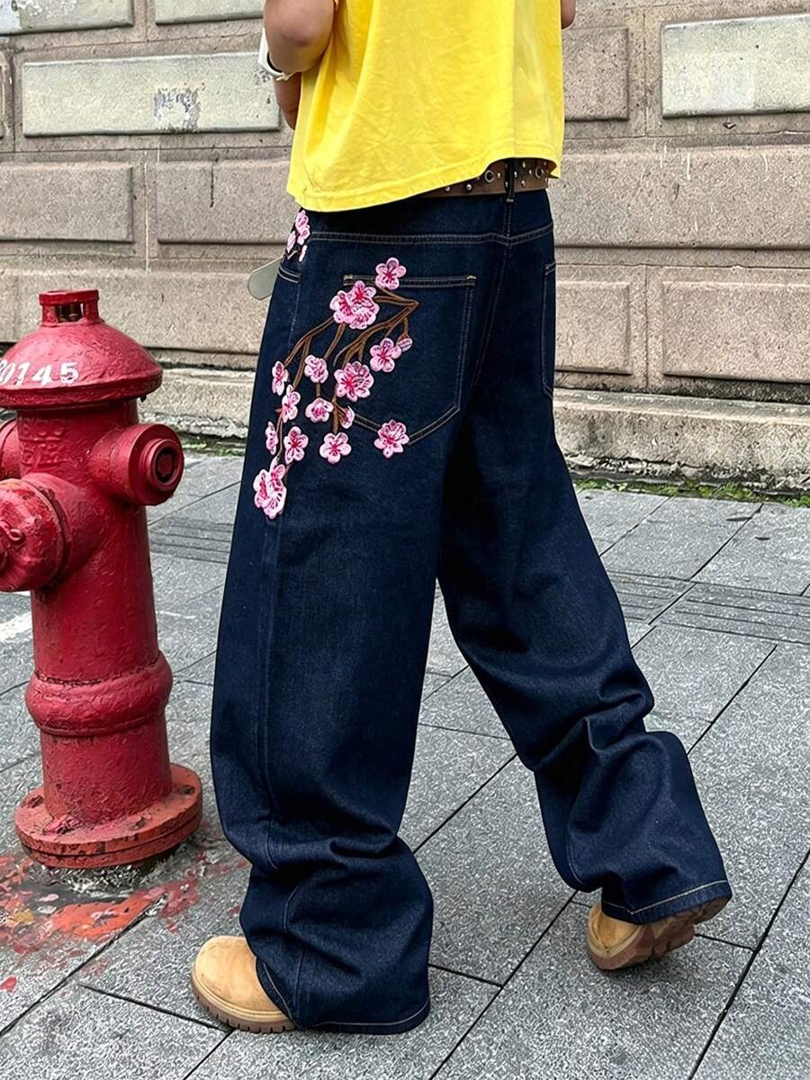Streetwear-jeans i denim med plomblomsbrodyr för tonåringar - Marinblå - Visa 1