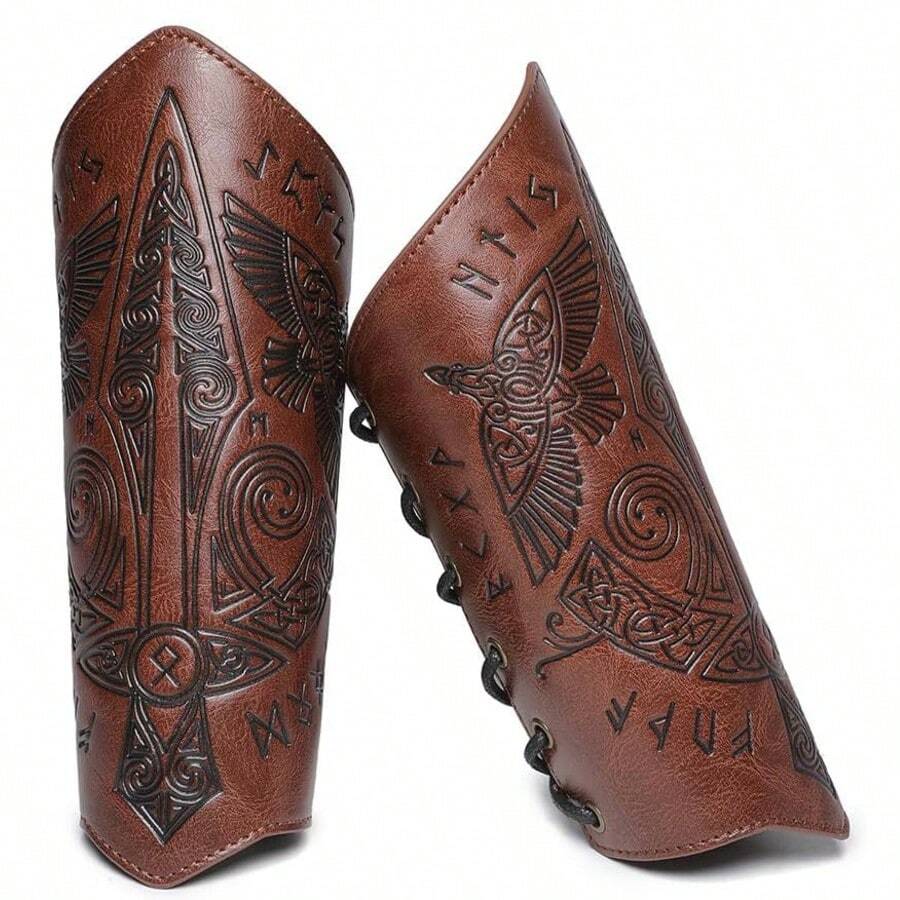 Vintage Medieval Embossed Wrist Guards - Faux Leather, Geometric Pattern, Suitable For Halloween Cosplay And Stage Performance, Knight, Accessory - Multicolor - View 1