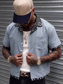 Niche Design Contrast Color Cuban Collar Shirt, Men's Summer Geometric Print Short Sleeve Shirt - Blue - View 3