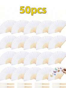 50pcs White Paper Folding Fans, White Bamboo Handheld Folding Fans, Suitable For Engagement, Graduation, Wedding Party Decor, Bedroom Home Desktop Ornaments - Multicolor - View 12
