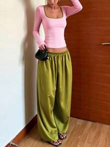Women's Autumn Fashion Square Neck Long Sleeve Top And Comfortable Loose Green Wide Leg Pants Set - Green - View 4
