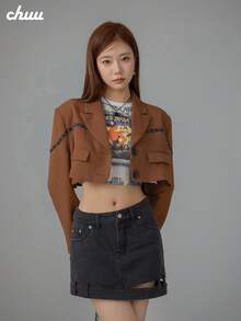 CHUU Letter Embroidered Short Blazer Women's Autumn Colorblock Patchwork Zipper Jacket - Coffee Brown - View 5