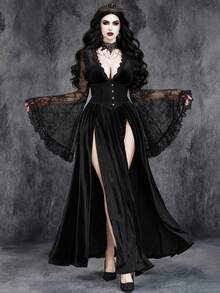 Women's Gothic Sexy Halloween Ghost Bride Cosplay Witch High Slit Lace Patchwork Velvet Stretch Dress - Black - View 1
