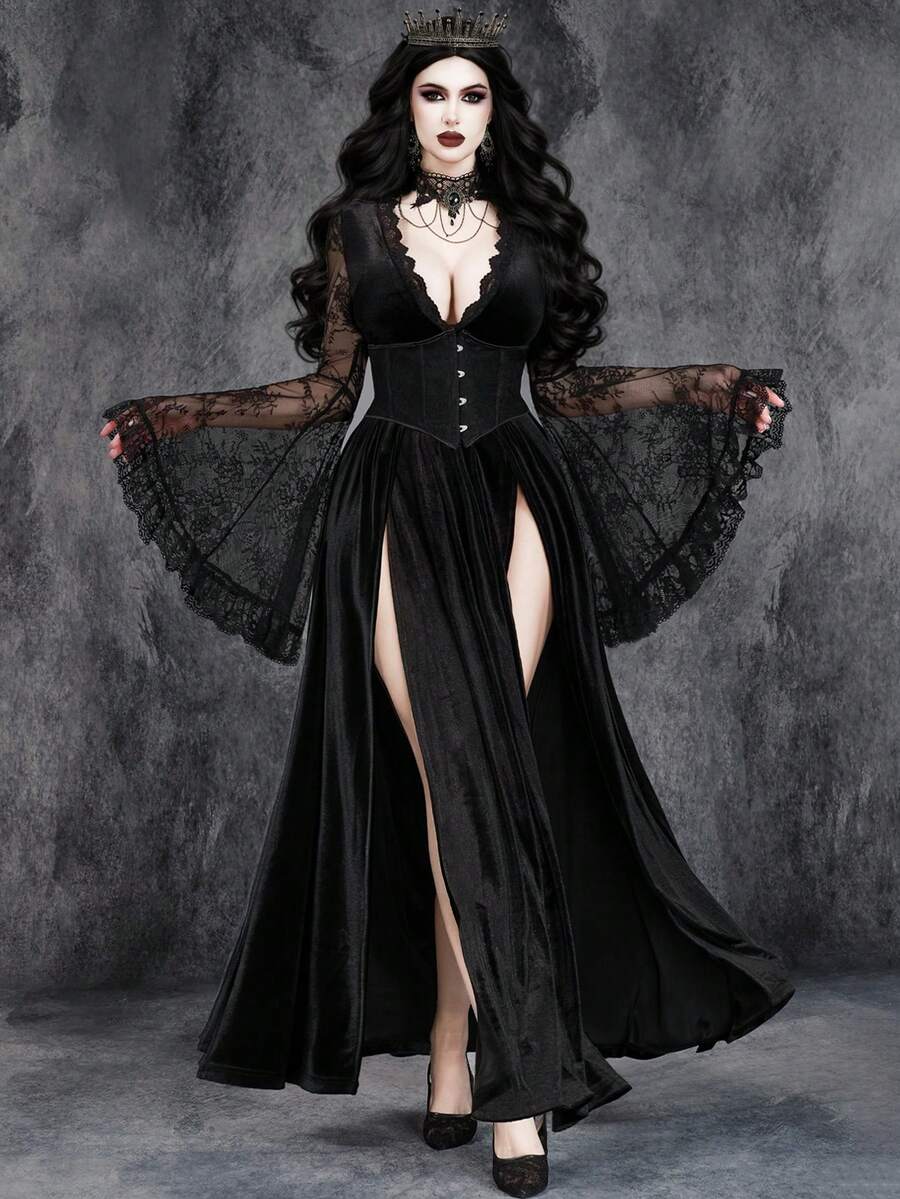 Women's Gothic Sexy Halloween Ghost Bride Cosplay Witch High Slit Lace Patchwork Velvet Stretch Dress - Black - View 1