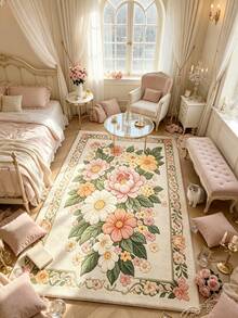 1pc Beige Floral Living Room Rug, Thickened Rug, Thick Rug, Plush Rug, Autumn/Winter Rug, Thickened Rug, Living Room Rug, Rug, Living Room Area Rug, Area Small Rug, Mat, Home Decor, Large Living Room Rug, Round Rug, Living Room Home Decor, Room Decor, Washable Rug - Multicolor - View 2