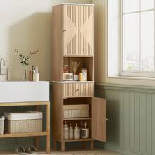 Storage Cabinet, Adjustable Shelves, Engineered Wood, 41.5 X 30 X 168 Cm, For Bathroom, Living Room And Hallway, Oak - Multicolor - View 2