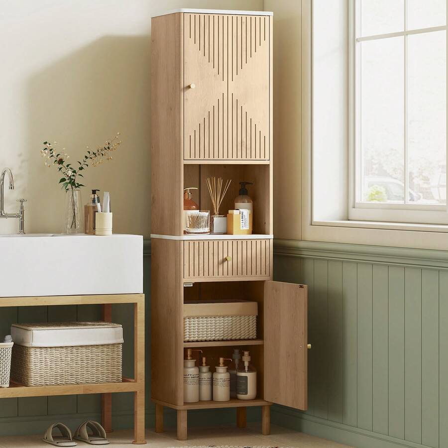 Storage Cabinet, Adjustable Shelves, Engineered Wood, 41.5 X 30 X 168 Cm, For Bathroom, Living Room And Hallway, Oak
