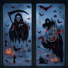 Halloween Decoration Static Cling Stickers, Pumpkin Skull Scythe Grim Reaper Glass Stickers Bat Spider Ghost Window Decals, Holiday & Party Glass Window Stickers - A - View 7