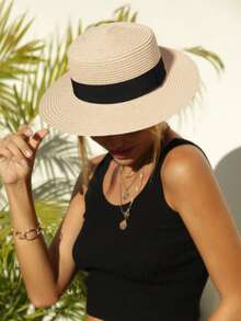 Flat-Top Flat-Brim Beige Straw Hat With Black Ribbon, One Piece - Beige + Black Ribbon - View 3
