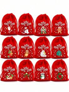 10pcs/Set Large Christmas Ornament Gift Bags, Christmas Themed Pattern Gift Bags, Christmas & Halloween Velvet Drawstring Gift Bags (Random Pattern) - Red - View 9