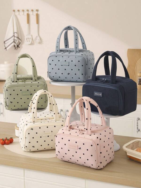 Portable Large Opening Insulated Lunch Bag With Zipper, Korean Polka Dot Print Insulated Picnic Bag, Corduroy 8.5L Large Capacity Handheld Cooler Bag, Student/Women Insulated Lunch Box Bag, Suitable For Back To School, Outdoor, Office, Picnic, Camping, Gift For Friends