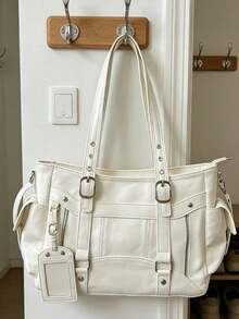 Metal Buckle Pendant Decor, Large Capacity Storage With Zipper Closure, Suitable For Daily Commute And Travel, Can Be Paired With Shoulder Strap For Multiple Carrying Styles, Casual Accessory Bag, Fits Various Outfit Styles Fashion Tote Bag - White - View 7