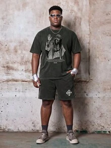Skyrend Plus Size Men's Jesus English Element Print Casual Washed Short Sleeve Shorts Set, Spring/Summer Grunge - Black - View 1
