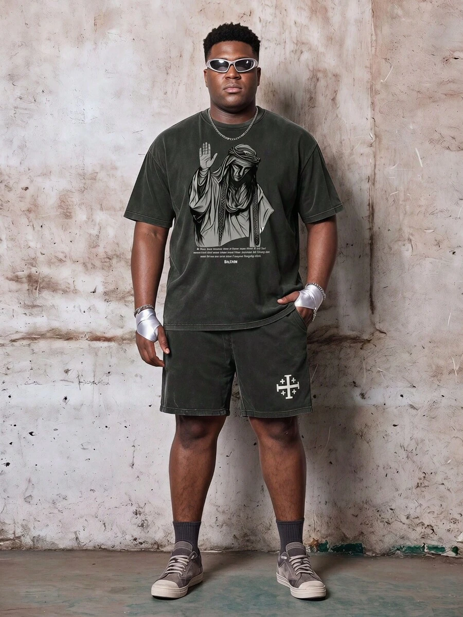 Skyrend Plus Size Men's Jesus English Element Print Casual Washed Short Sleeve Shorts Set, Spring/Summer Grunge - Black - View 1