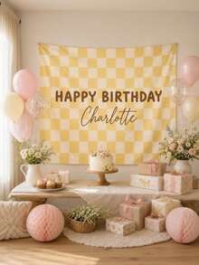 Customizable Name Plaid Happy Birthday Backdrop, Personalized Multi-Color Bohemian Style Birthday Wall Decor, Indoor/Outdoor Use, Birthday Party Cake Smash Background Decoration Photography Banner, Polyester Material - Type B - View 5