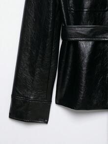 Seelio Autumn New Women's European & American Style Fashion Minimalist Versatile Leather Effect Jacket - Black - View 6