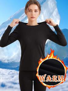Women's Fleece Lined Thermal Underwear Set, Boat Neck Long Sleeve Top & High Waist Pants 2-Piece Set, Warm Base Layer For Cold Weather - Black - View 5