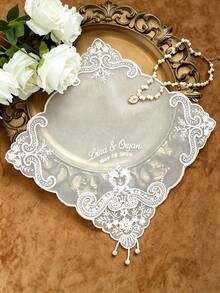 Custom Embroidered Wedding Handkerchief, Personalized Names Date Lace Bridal Handkerchief, Vintage Pearl Tassel Wedding Keepsake Hanky For Bride - Multicolor - View 1